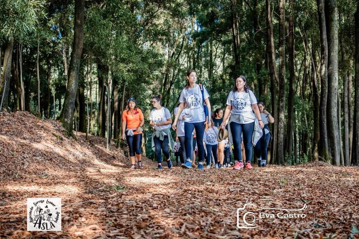 Participantes da caminhada solidária da ASLA a caminhar num trilho de floresta com folhagem dourada no chão